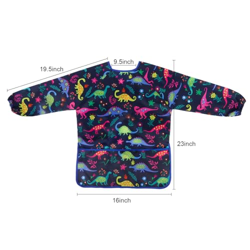 Kids Art Smocks Dinosaur Painting Aprons for Children Waterproof Artist Smock with Long Sleeve and 3 Pockets for Age 3-8 Years (Navy-blue) - color: Dinosaur (Blue)