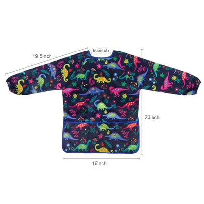 Kids Art Smocks Dinosaur Painting Aprons for Children Waterproof Artist Smock with Long Sleeve and 3 Pockets for Age 3-8 Years (Navy-blue) - color: Dinosaur (Blue)