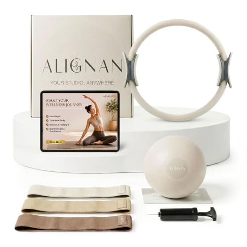 Pilates Kit for Home Workouts with 14” Pilates Ring, 8” Mini Pilates Ball, and 3-Piece Booty Band Set, Pilates Essentials Kit for Women with Guided Workout Video, Home Pilates Equipment - color: Beige