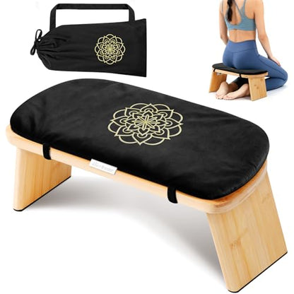 Hihealer Folding Bamboo Meditation Bench with Cushion & Carry Bag – Ergonomic Yoga and Prayer Stool for Comfort and Posture Support (Black) - color: Black