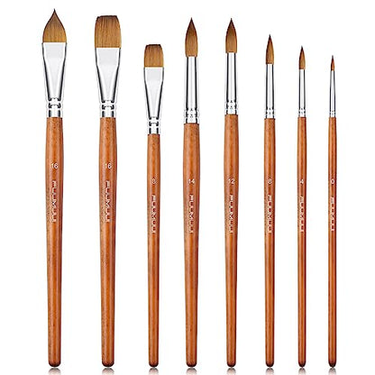 Sable Watercolor Brushes Professional, Fuumuui 8Pcs Sable Brush Set Variety Shapes with Flat, Round Pointed, Liner, Cat's Tongue Oval Wash Perfect for Watercolor Acrylic Gouache Inks Painting - color: Tan