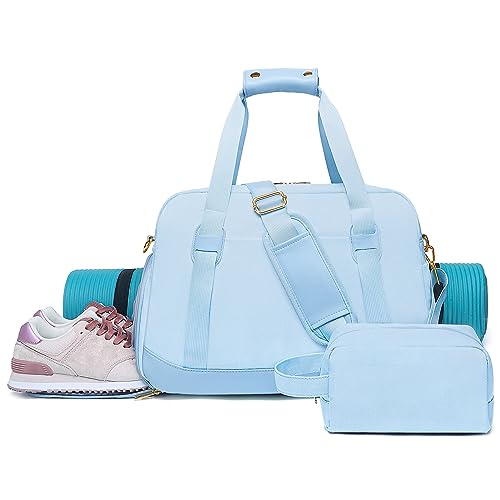 Sports Gym Bag for Women, Travel Duffle Bag with Shoe Compartment & Wet Pocket, Fitness Yoga Bag - color: Blue