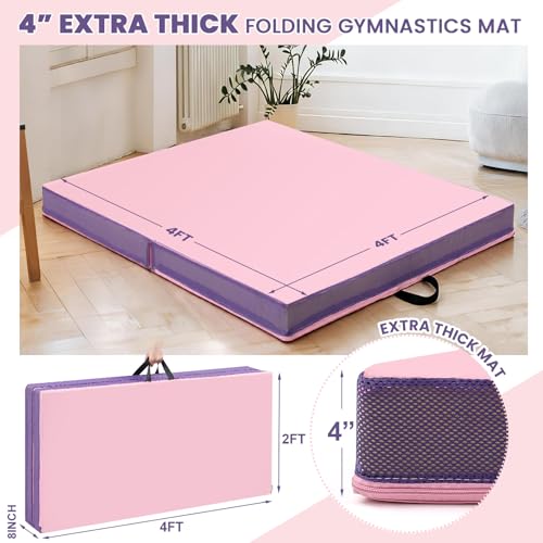 Nuanchu 4" Thickened Bi-fold Gymnastics Mat Crash Landing Pad | 4 x 4 ft Bifolding Gymnastics Mat with Carrying Handles for Tumbling, Yoga, Cheerleading, Stretching and Home Training