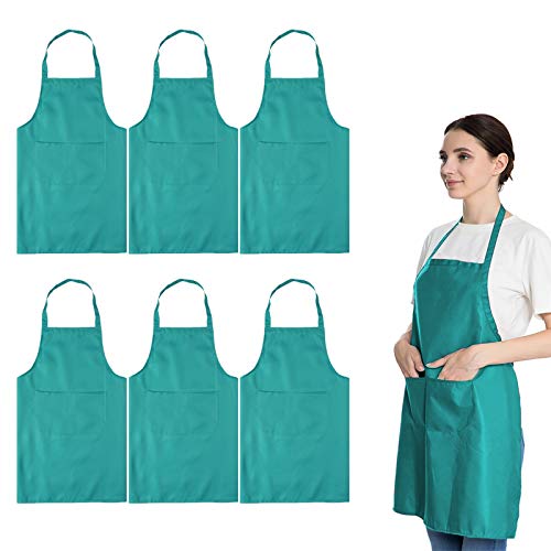 Total 6PCS Baby Blue Bib Aprons Bulk with 2 Pockets for Women Men Adult - Chef Cooking Kitchen (6, Baby Blue) - color: Baby Blue