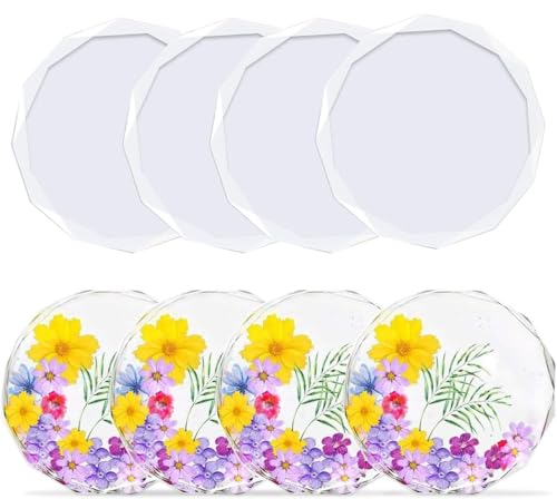 Resin Coaster Molds, 4 Pack Diamond Edge Round Molds for Resin Casting, Silicone Coaster Molds for Epoxy Resin
