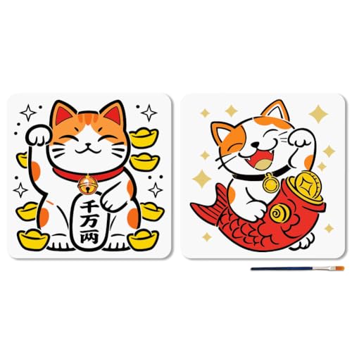 MAYJOYDIY 2 Styles Maneki Neko Fish Stencils Reusable Template with Paint Brush Cat 11.8×11.8" for Home Decoration Wood Wall Canvas Furniture - style: Maneki Neko