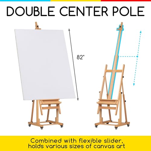 MEEDEN Extra Large Heavy-Duty H-Frame Studio Easel - Solid Beech Wooden Artist Professional Easel, Painting Art Easel Stand with 4 Premium Locking Silent Caster Wheels, Hold Max 82" - color: Natural, size: Large