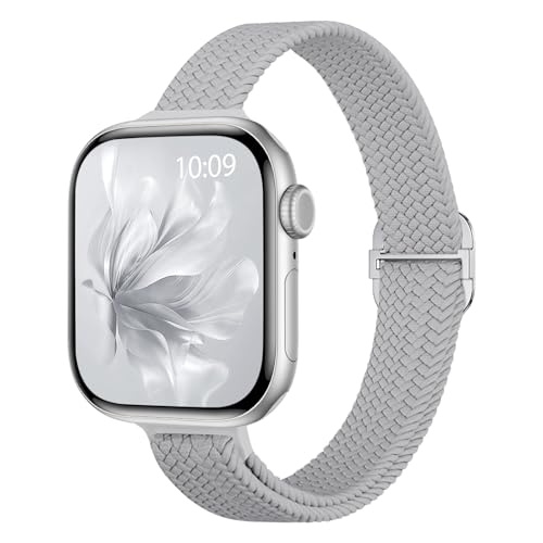 Slim Braided Stretchy Band Compatible with Apple Watch Bands Women | 40mm 41mm 42mm 38mm 44mm 45mm 46mm 49mm Thin Elastic Nylon Solo Loop Strap ,Wristband for iWatch Series 11 10 9 8 7 6 5 4 SE - color: StoneGrey, size: 38/40/41/42mm