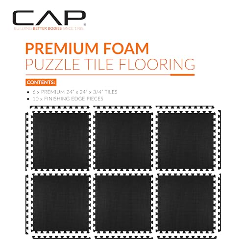 CAP Puzzle Exercise Mats | 3/4” Thick EVA Interlocking Foam Tiles for Home Gym Flooring | Multiple Options - color: T - Black, style: 6 Tiles (24 SQ FT)