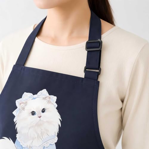 Unisex Cat Chef Apron, Adjustable Strap with Two Pockets | Thick waterproof fabric, machine washable. 27.5×31.5 in. Dual pockets for phones. Dual neck straps, long ties, cute cat print - color: Navy Blue