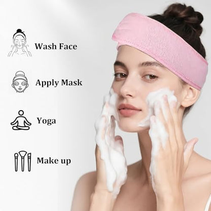 4 Pack Adjustable Makeup Headbands – Non-Slip Spa Facial Headband & Facial Hair Wrap, Adjustable Washable Towel for Shower, Yoga, Gym, Salon & Home Use (Fits All), HZFD-BD - color: Yellow + Magenta + Blue + Light Pink