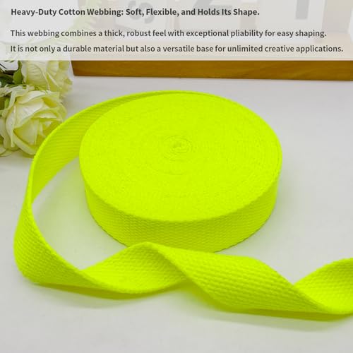 Heavy‑Duty Cotton Webbing Strap 1''x6yds Neon Yellow for Bags | 2mm thick webbing for dog collars, backpack, bag handles, apron straps, slings, sewing repairs & DIY craft projects. - color: Neon Yellow