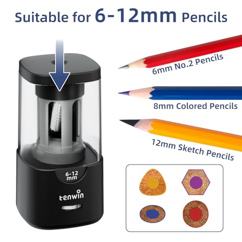 tenwin Electric Pencil Sharpener - Auto Stop, for 6-12mm Colored Pencils | Auto Stop, Sharp & Fast, for Wooden/No.2/Colored Pencils, Plug in, Helical Blade, Ideal for Home & Classroom - color: Black