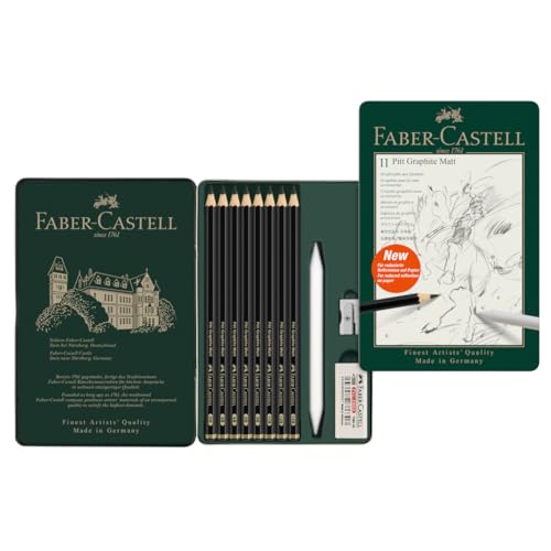 Faber-Castell Pitt Graphite Matte Pencil Set, Metal Tin of 8 Graphite Pencils and Sketching Accessories (HB, 2B, 4B, 6B, 8B, 10B, 12B, 14B), Pencil Sharpener, Eraser and Blending Stump - size: 1 Count (Pack of 11), style: 11 Count