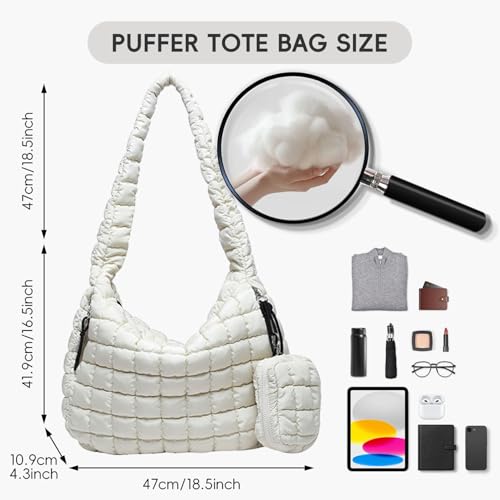 Puffer Tote Bag for Women, Large Quilted Puffer Bag with Pouch, Puffy Quilted Hobo Bag, Puff Crossbody Purse - color: 2-white