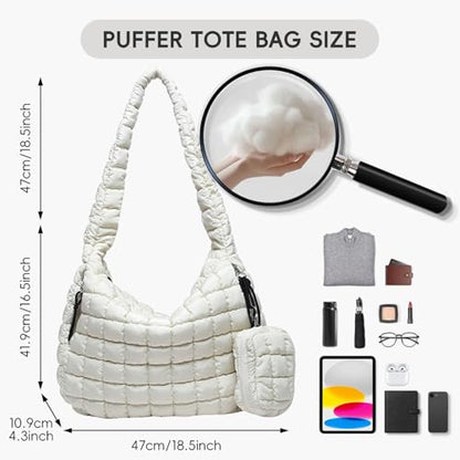 Puffer Tote Bag for Women, Large Quilted Puffer Bag with Pouch, Puffy Quilted Hobo Bag, Puff Crossbody Purse - color: 2-white