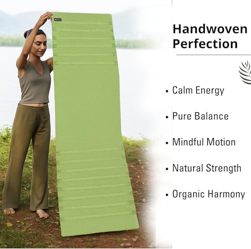 Indian Handmade100 % Organic Anti Skid Multi Colour Cotton Yoga Mat - Eco-Friendly Hand-Woven Rug - Non-Slip & Thick (24”x72”x5mm) for Hot yoga & Everyday Fitness at Home - Comfortable & Foldable Extra-Long Mat - color: Green