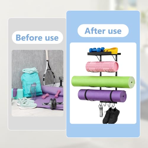 DICOSMETIC 1Set Yoga Mat Holder Wall Mount Metal Home Gym Rack with Floating Shelves and and 4 Hooks Hanging Yoga Mat Storage Rack for Stretching Strap Resistance Bands Yogas Accessories