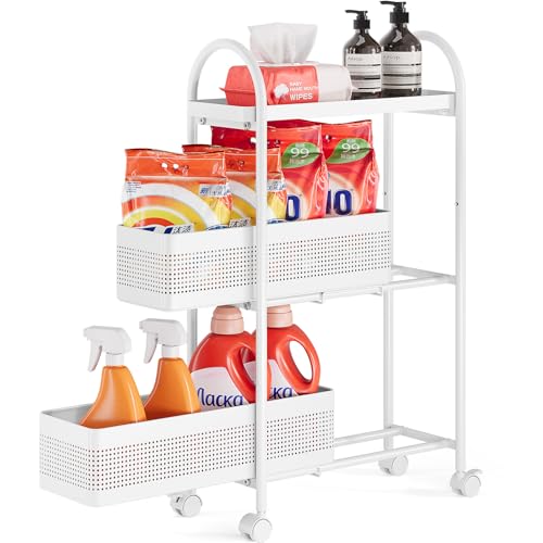 KINGRACK 3 Tier Slim Rolling Cart with Drawer, Metal Utility Storage Cart | 2 Pull-out Baskets, Lockable Wheels, Narrow Space Trolley Organizer for Bathroom, Kitchen, Office, Dorm, Laundry Room, White - color: White, size: 3 Tier-2BKT