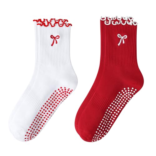 Women's Pilates Grip Socks, Ruffle Non Slip Bow Pattern Yoga Socks | Grippy, Frilly Trim, Embroidery, Crew Length, Soft Cotton, Arch Support, for Barre Ballet Dance Workout Hospital Home Gifts - color: B04-bow-white(red)+red(white)