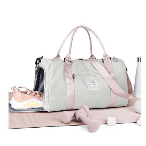 Gym Bag Womens Mens with Shoes Compartment and Wet Pocket Travel Duffel Bag for Women for Plane Sport Gym Tote Bags Swimming Yoga Waterproof Weekend Overnight Carry on Bag Hospital Holdalls - color: A6-Grey Pink