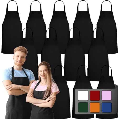 12 Pack Bib Apron - Unisex Black Aprons, Machine Washable Aprons for Men and Women, Kitchen Cooking BBQ Bulk (Pack of 12, No Pockets, Black) - color: Black, size: 12 Pack