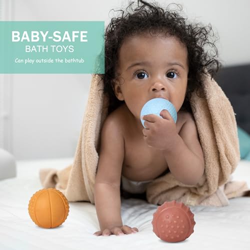 Bath Toys, Soft Sport Sensory Balls for Toddlers Boys Girls No Hole Wheat Straw Soft Montessori Toys for Babies 6 Months+, Swimming Pool Beach Shower Baby Toys - style: Sports Bath Ball Set