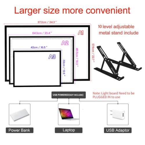 DONPODER A3 Light Pad,LED Light Board for Diamond Painting,Tracing&Drawing | 5500 Lux Bright Light,10 Brightness Levels,9-Level Adjustable Stand,Side Buttons Prevent Accidental Touches,USB-C Connection - size: A3-1color-with stand