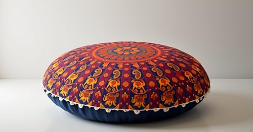 CRAFT KALA 22" Round Mandala Boho Pillow Meditation Seating Poufs for Living Room, Yoga Room, Home, Bedroom, Balcony, Garden, Party Decoration Cotton Floor Cushion Cover 22" Multi Mirchi - color: Multi Mirchi