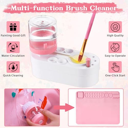 Painting Station Paint Brush Cleaner 20"X16" Silicone Paintings Mat with Cup and Paint Holder 10 Paintings Brushes Children's Painting Set Art Supplies for Kids Back to School Gifts DIY Crafts (Pink) - color: Pink