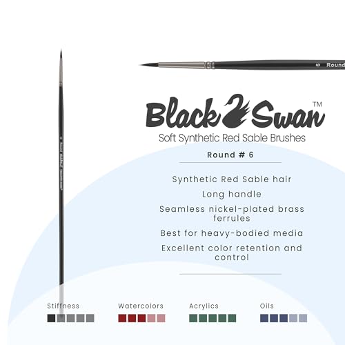 Black Swan Synthetic Red Sable Round Paint Brushes - Round Size # 6 - Professional Quality Long Handle Paint Brushes for Oil, Heavy Body Media and Acrylic - Artists of All Levels - size: Size 6