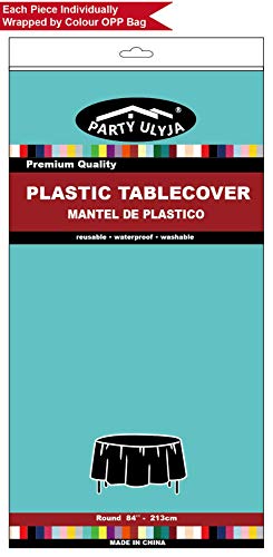 Aqua Blue Plastic Tablecloths 2 Pack Disposable Table Covers 84 Inch Circle Baby Shower Party Tablecovers PEVA Seafoam Blue Table Cloths for BBQ Picnic Birthday Wedding Parties 6 ft Round Table Use - color: A02 Aqua