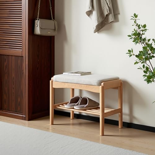 Solid Wood Shoe Bench, Small Entryway Bench with Light Gray Cushion - color: Natural + Light Gray Cushion, size: 17.71"