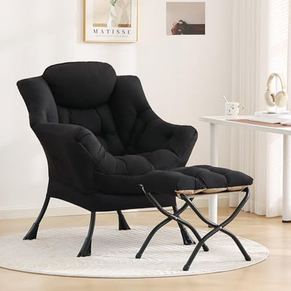 Tiita Lazy Chair with Ottoman, Comfy Reading Accent Chair, Black | Foldable Footrest, Padded Seat and Backrest, Side Pocket for Lounging in Living Rooms, Bedrooms, Dorms and Small Spaces - color: Peach Skin Black