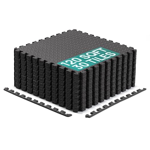 Yes4All 24SQFT-120SQFT Puzzle Exercise Mat for Home Gym, EVA Interlocking Foam Floor Tiles with Border for Workout Equipment - color: Black, style: H. 3/4" Thick, 120SQFT