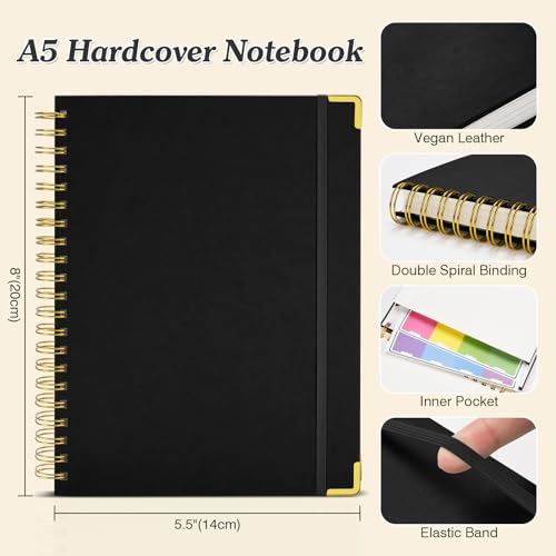 Blank Spiral Notebook: Leather Sketch Book, Unlined Notebook for Women Men | 300 Pages, Hardcover 100GSM Thick No Bleed Paper Journal, A5 Small Art Sketchbook for Drawing Writing Work, 5.5" x 8", Black - color: Black, size: A5