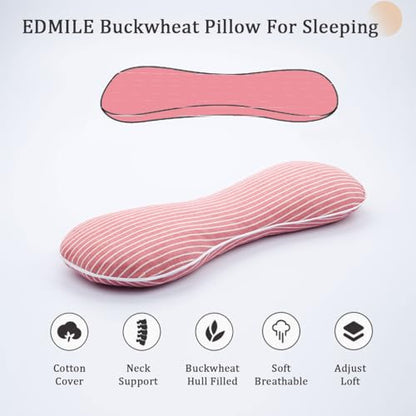 Buckwheat Pillow Cervical Neck Pillow, Buckwheat Hulls Filling Cooling Lumbar Support Pillow, Adjustable Firmness Ergonomic Design with Washable Cover, Red 19"X7" - color: Red