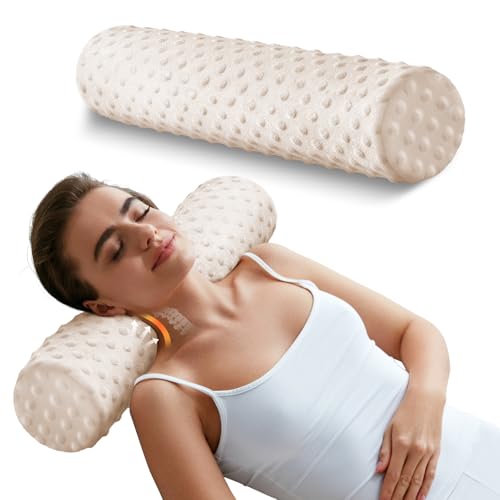 Memory Foam 4" Round Pillow, Cervical Neck Roll Pillow for Pain Relief - color: Velvet Dots Beige, size: 4”H