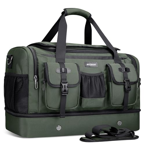 WITZMAN Duffle Bag for Men 55L Nylon Travel Weekender with Shoe Compartment - color: Classic Green
