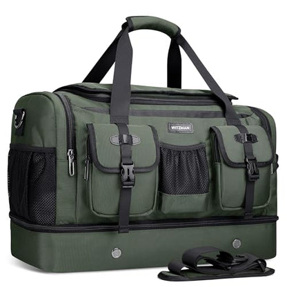 WITZMAN Duffle Bag for Men 55L Nylon Travel Weekender with Shoe Compartment - color: Classic Green