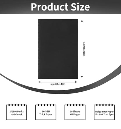 24 Pack A5 Black Cover College Ruled Notebooks Bulk, Journaling Notebooks | A5 Lined College Ruled Notebook, 8.3x5.5 Inches 60 Pages Travel Journal Notebooks Set for Work, School, Writing - color: Black, style: Black-24-Lined