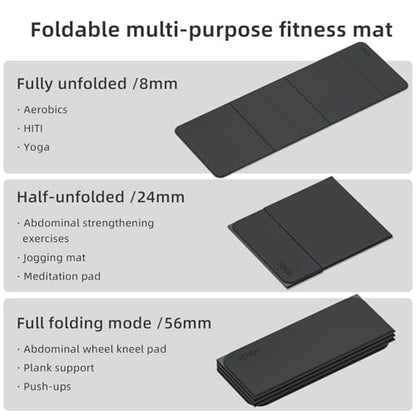 Foldable Yoga Mat Extra Thick 0.32"(8mm) | Folding Exercise Mat,Odorless POE, Non-Slip Grip, No-Curl Edges, Great for Yoga, Pilates & Home Workouts - color: Black