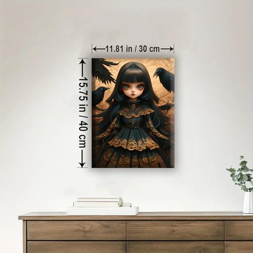 Aeontinity Doll of The Ravens Gothic Framed Canvas DIY Paint by Numbers Kit Bar Cafe Cave Home Room Wall Bathroom Porch Patio Decor Gift, 16 x 12 Inch - color: DOLL OF THE RAVENS