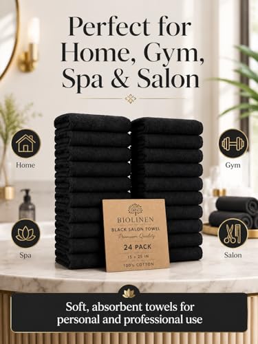 BIOLINEN Salon Towels 24 Pack Black 15x25, 100% Cotton Hand Towels for Bathroom, Bleach Resistant Barber Esthetician Spa Gym Towels, Super Absorbent - color: Black