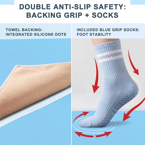 Upgraded Yoga Mat Towel with Bonus Grip Socks, Elegant Embroidered - color: Sky Blue