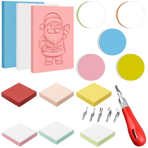 21Pcs Linocut Kit for Printmaking & Stamp Carving, 14Pcs Soft Rubber Linoleum Blocks and Carving Tool for Beginner Printing Craft Supplies