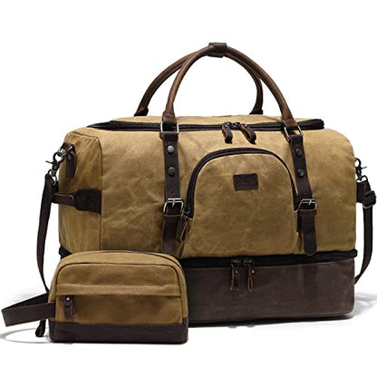 Nerlion Weekender Bag with Shoe Compartment Large Overnight Bag for Men Canvas Genuine Leather Carry on Luggage Bag Travel Duffel Bag(Brown) - color: Brown