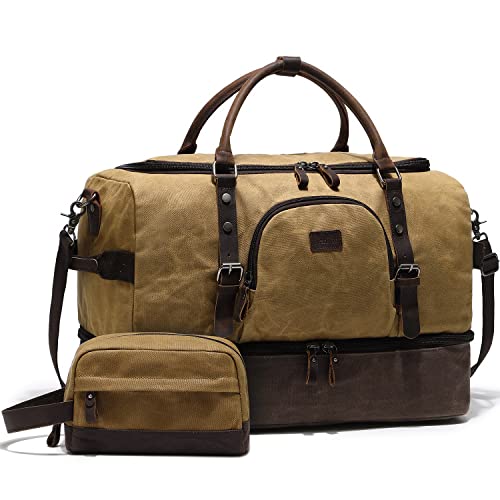 Nerlion Weekender Bag with Shoe Compartment Large Overnight Bag for Men Canvas Genuine Leather Carry on Luggage Bag Travel Duffel Bag(Brown) - color: Brown