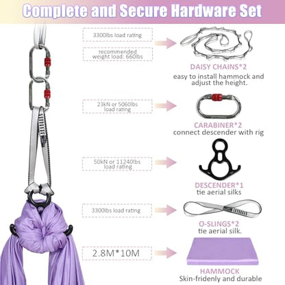 Aerial Silks Kit & Aerial Yoga Hammock - 11Yd Premium Fabric with Hardware | Easy Setup for Flying Yoga, Aerial Swing & Fitness - Supports Up to 14ft Rigging(Navy) - color: Lavender