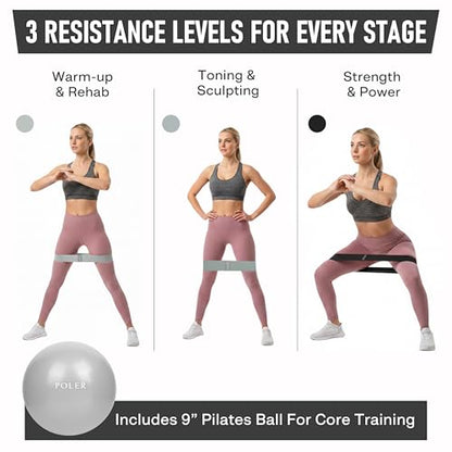 Poler Booty Resistance Bands Set for Women – 3 Fabric Bands (Light, Medium, Heavy) + Pilates Ball – Non-Slip Glute & Leg Workout Kit for Home Fitness, Yoga & Strength Training - color: Black O